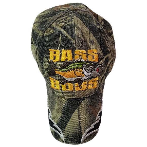 Bass Boss Camouflage Flames Embroidered Bass Fish One Size Fits All Baseball Cap - Picture 1 of 7